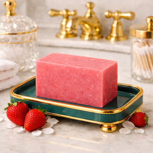 Pink handcrafted strawberry soap bar on a decorative tray with fresh strawberries on a marble countertop and gold bathroom fixtures in the background.