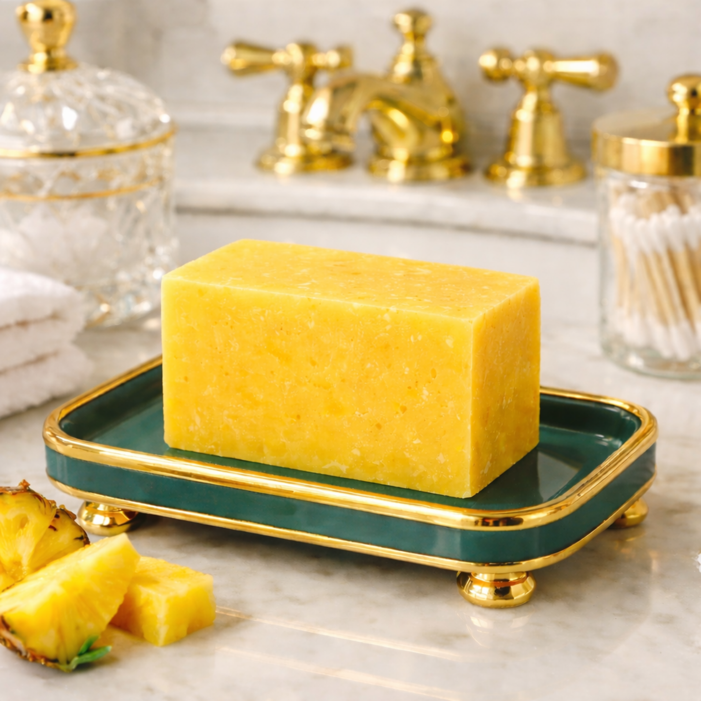 Yellow handcrafted pineapple soap bar on a decorative tray with fresh pineapple pieces on a marble countertop with gold bathroom fixtures in the background